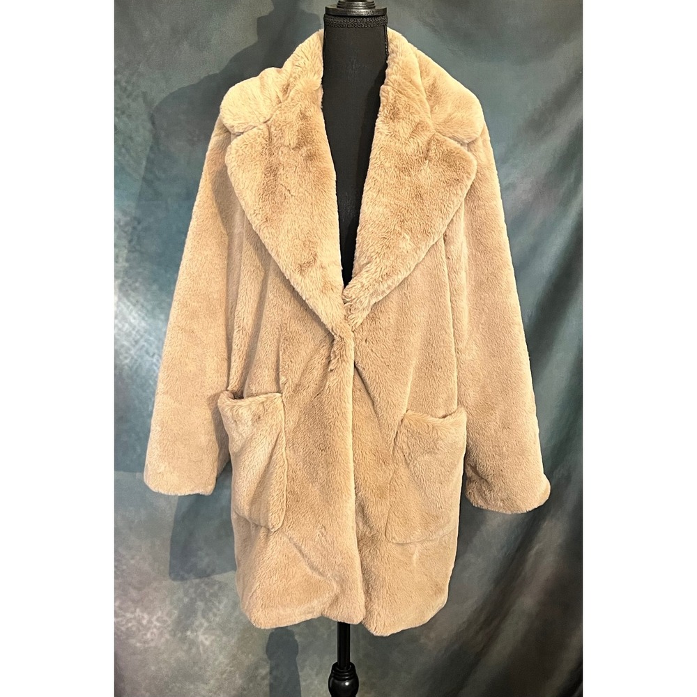 Cara Santana x Nine West Faux Fur Coat Women's‎ Size L Beige Plush Outerwear